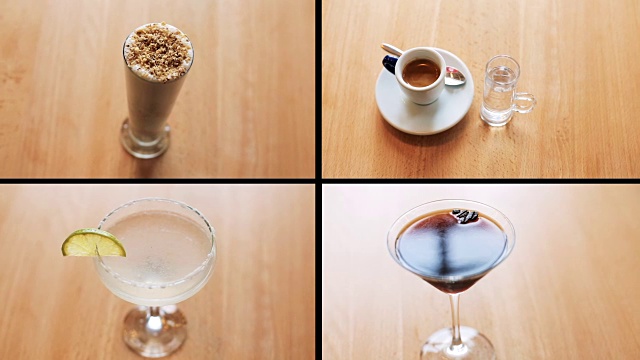 四种美味饮料的蒙太奇背景视频下载