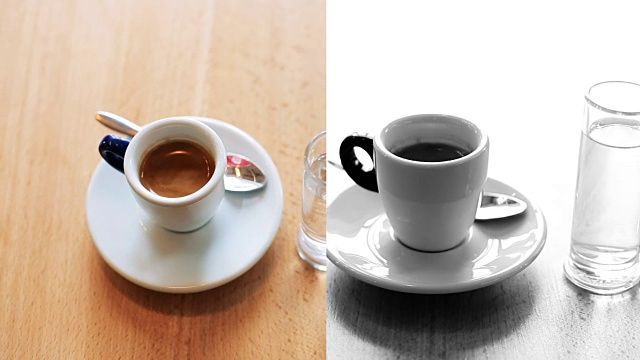 背景是两杯浓缩咖啡和美式咖啡的蒙太奇视频下载