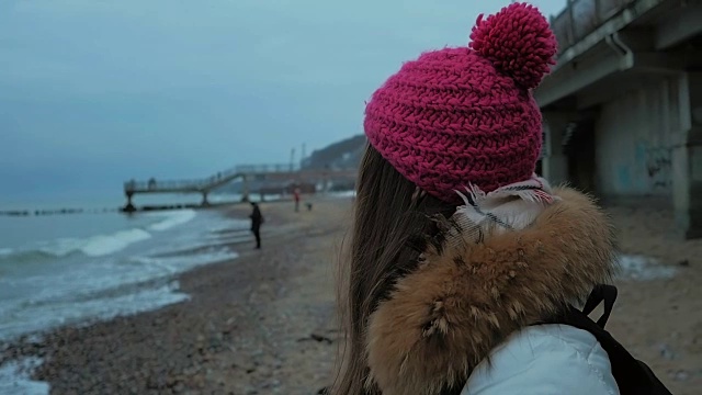 年轻女子望着大海。冬天视频素材