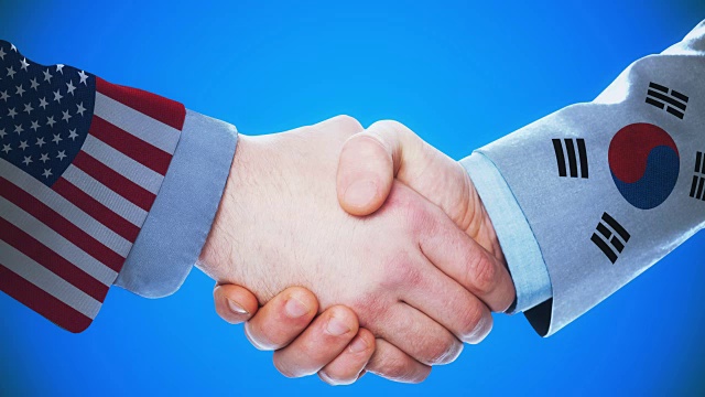 美国-韩国/握手概念动画关于国家和政治/与哑光频道视频下载