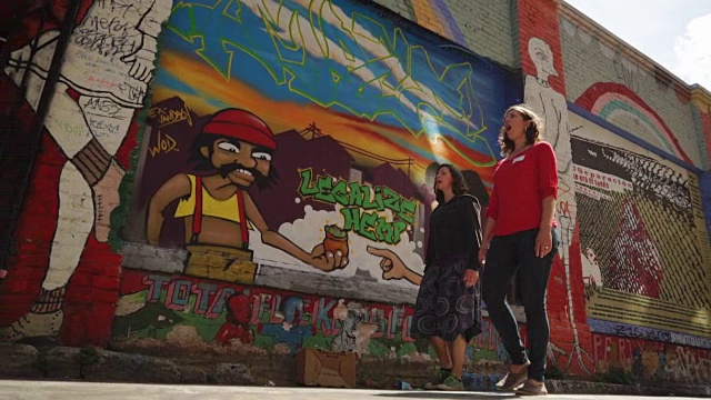 美国旧金山Clarion Alley街头艺术(涂鸦)附近的唱歌和行走的妇女视频下载