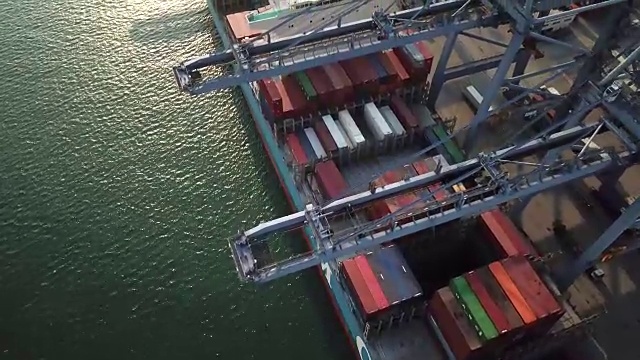 工业港口集装箱船鸟瞰图视频素材