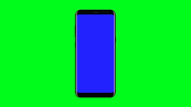 黑色智能手机打开蓝色背景。易于定制的绿色屏幕。计算机生成图像。4 k的视频。视频素材