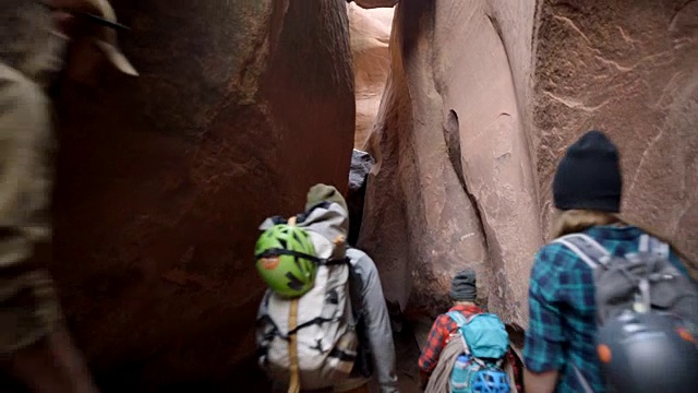 在摩押徒步旅行中，一群朋友带着狗走过狭窄的峡谷。视频素材