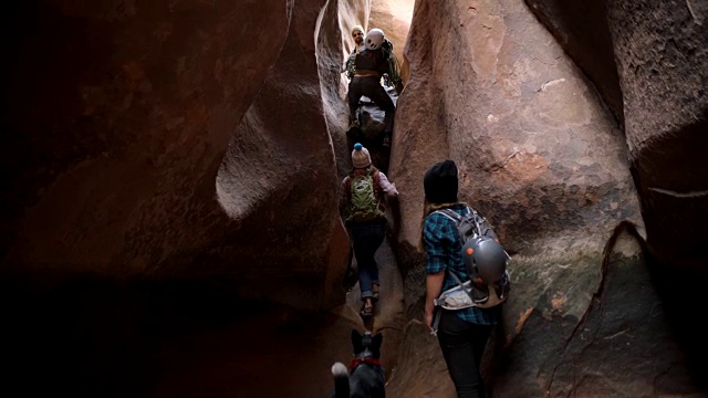 一群朋友互相帮助爬上狭窄的槽峡谷，狗焦急地看着。视频素材