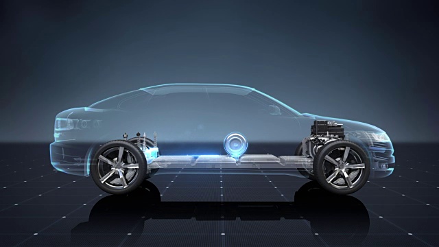 电子，离子电池混合动力汽车。充电汽车电池。电池电量检查，未来车。视频素材