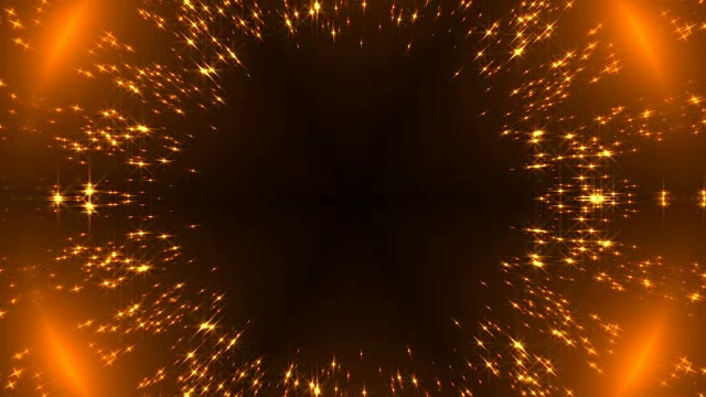 径向金色万花筒与闪烁的星星在黑色，许多粒子，庆祝3d渲染背景视频下载