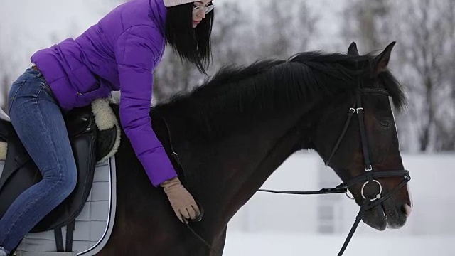 冬天农场里女人牵着马的温柔视频下载