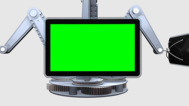 机械臂与电视屏幕与色度键背景旋转。这个动画可以用作过渡效果视频下载
