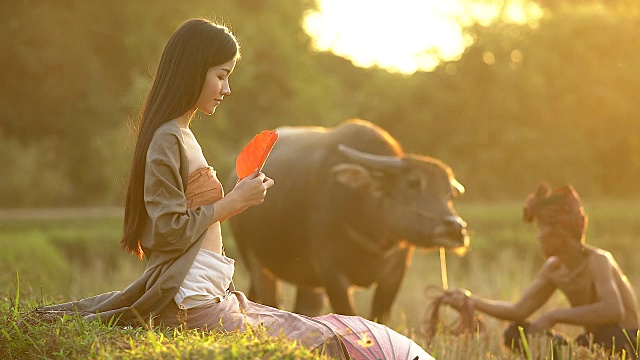 美丽的亚洲女人的肖像坐在傍晚与温暖的照明日落的田野。视频购买
