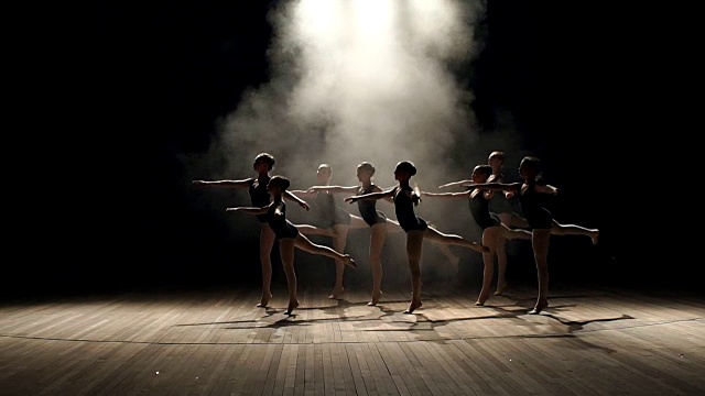 一群芭蕾舞者在黑暗中在舞台上跳舞视频素材
