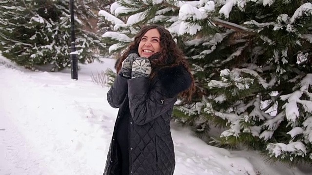 冬季公园里快乐怀孕女孩的肖像。视频素材