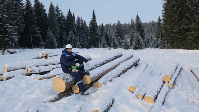 工人坐在森林里的一堆圆木上视频下载