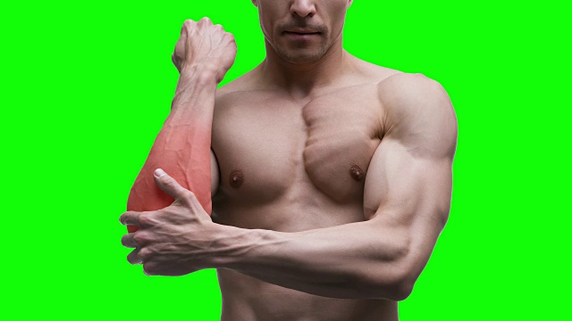 肘部疼痛，肌肉男身体上绿色背景，色键4K视频视频素材