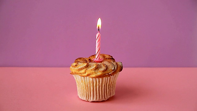 生日的纸杯蛋糕和一支点燃的蜡烛视频素材