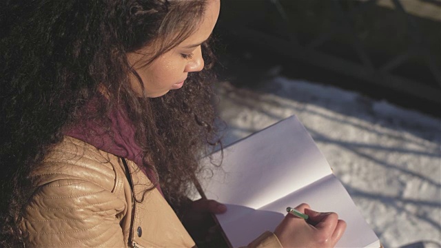 一个年轻女子开始写日记的高角度镜头视频下载