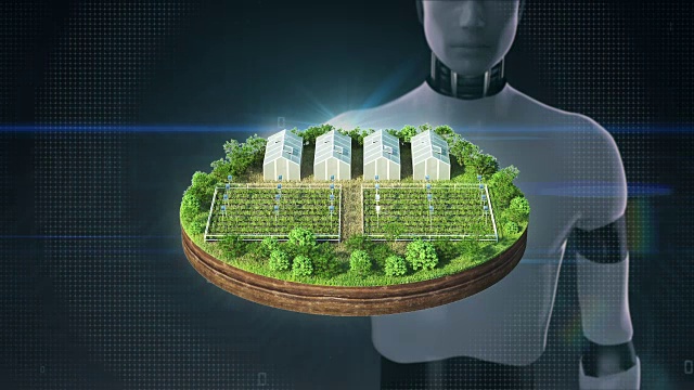 机器人、半机械人触摸智能农业、智能农场、传感器连接乙烯房、绿屋地面。物联网。4工业Revolution.2视频素材