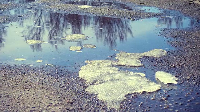 在阳光明媚的春日，水坑和融化的冰雪视频下载