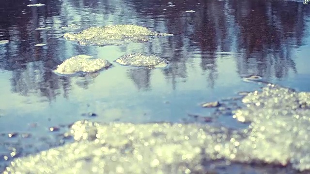 在阳光明媚的春日，水坑和融化的冰雪视频下载