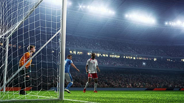 在专业足球场的足球比赛时刻。体育场和人群是在3D和动画视频下载