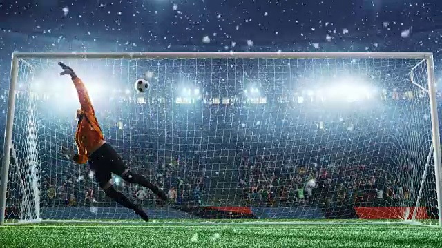 在职业足球场，足球守门员跳起扑球失败。体育场和人群是在3D和动画视频下载