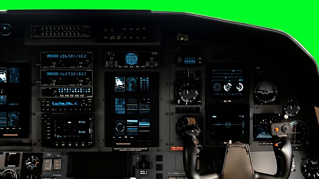 未来的驾驶员座舱座椅与全操作仪表板上的绿色屏幕上的绿色屏幕视频素材