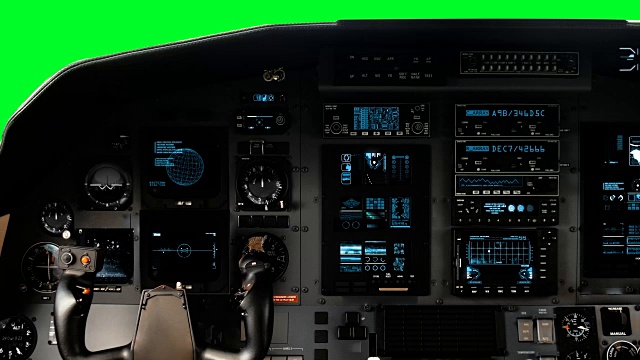未来的驾驶员座舱轭与全操作仪表板上的绿色屏幕上的绿色屏幕视频素材