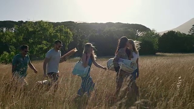 日落时分，朋友们穿过长长的草丛朝野餐地点走去视频素材