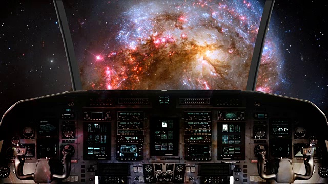 在宇宙飞船的驾驶舱里，飞向一个美丽的星系视频下载