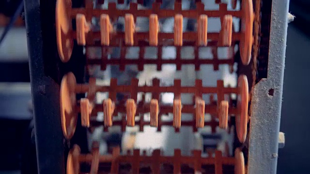 一个包含鸡蛋的移动工厂轨道的特写视频下载