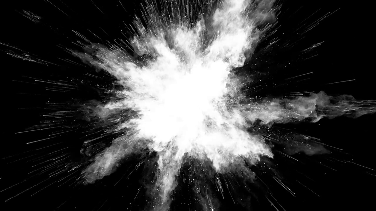 白色背景上彩色粉末爆炸的Cg动画。慢动作动作，开始有加速。有α无光视频素材