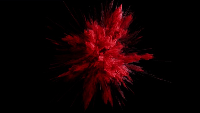 黑色背景下红色火药爆炸的Cg动画。慢动作动作，开始有加速。有α无光视频素材
