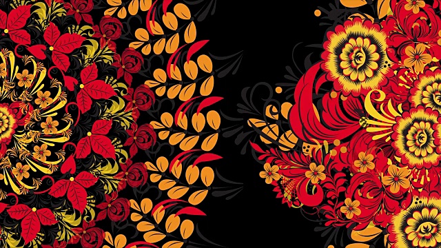 Khokhloma。抽象分形变换背景。Loopable。在黑色和金色的背景上画着俄罗斯的红色花朵和浆果。红色多边形的抽象背景视频下载