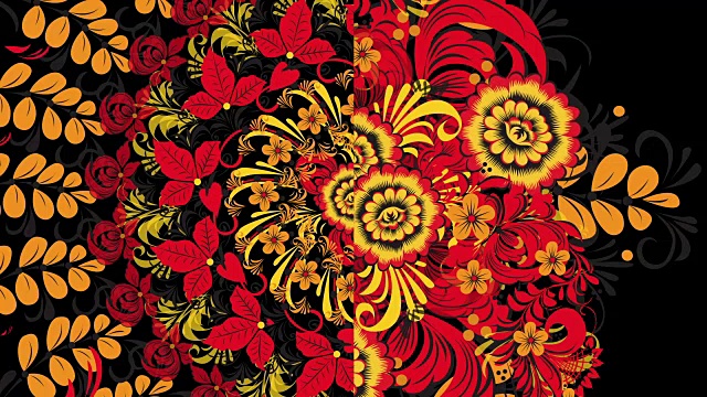 俄罗斯鲜艳的红色花朵和浆果在黑色的背景。动画Khokhloma视频素材