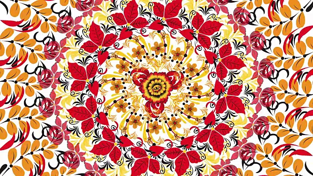 Khokhloma。抽象分形变换背景。Loopable。在白色的背景上画着俄罗斯的红色花朵和浆果。红色多边形的抽象背景视频下载