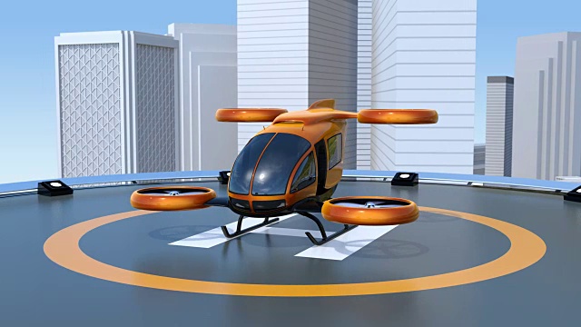 橙色无人驾驶客运无人机从停机坪起飞视频素材