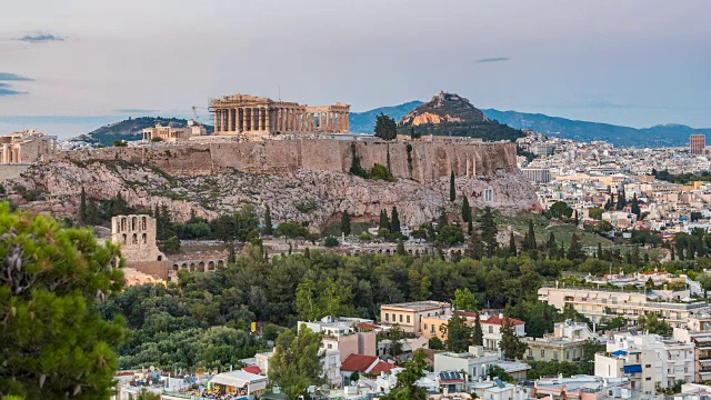 希腊雅典卫城帕台农神庙的日落时间视频下载