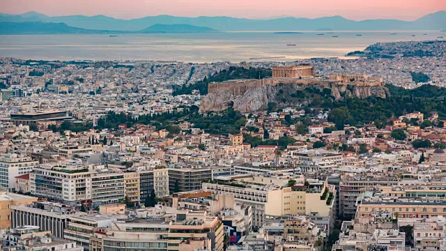日落时希腊雅典鸟瞰图的时间推移视频下载
