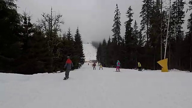 有滑雪板和滑雪者的滑雪场。视频下载