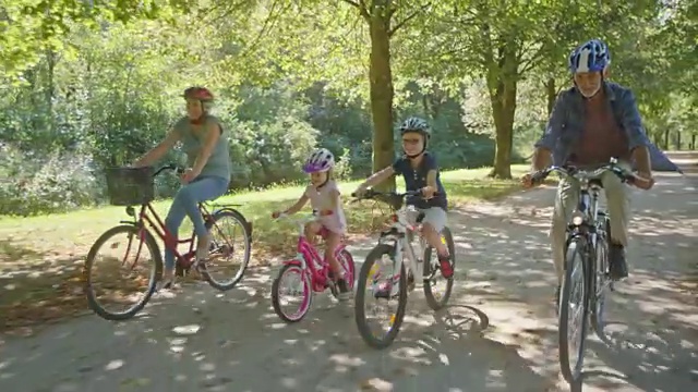 男孩和女孩在一个阳光明媚的日子里和他们的祖父母在公园里骑自行车视频素材