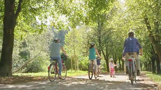 在一个阳光明媚的日子里，孩子们和父母、兄弟姐妹和祖父母一起在公园里骑自行车视频下载