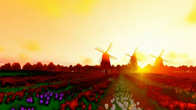 荷兰风车和骑自行车的人在一片郁金香与美丽的日落，柔和风格的4K视频素材