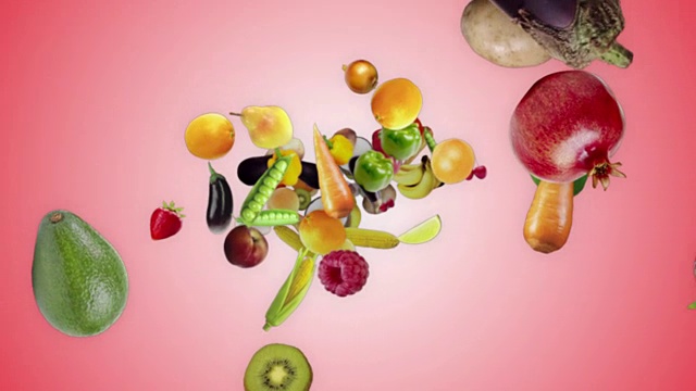 下落的水果和蔬菜背景，阿尔法通道，循环视频素材