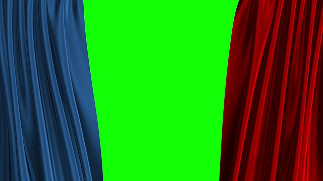 蓝色和红色的幕布打开。绿屏,4 k。超高清晰度。3840x2160。视频素材