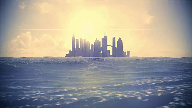 城市景观天际线海平面上升摩天大楼轮廓未来岛屿4k视频下载