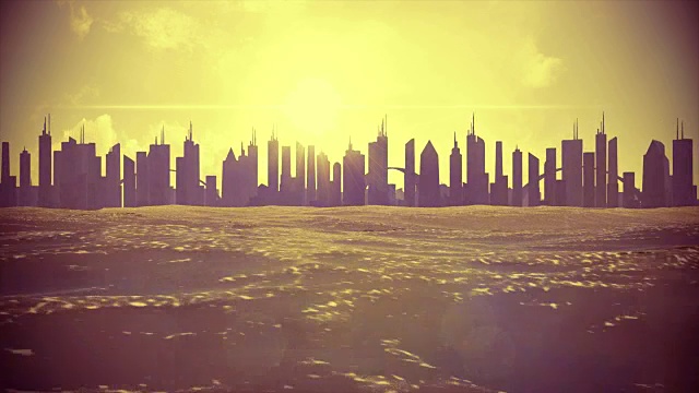 城市景观天际线海洋上升的海平面剪影摩天大楼未来气候4k视频下载