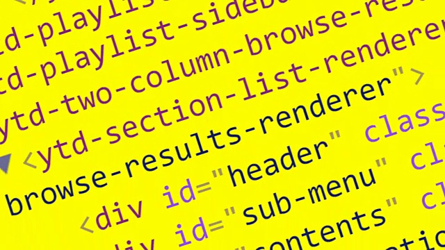 在黄色背景的电脑屏幕上滚动HTML代码视频素材