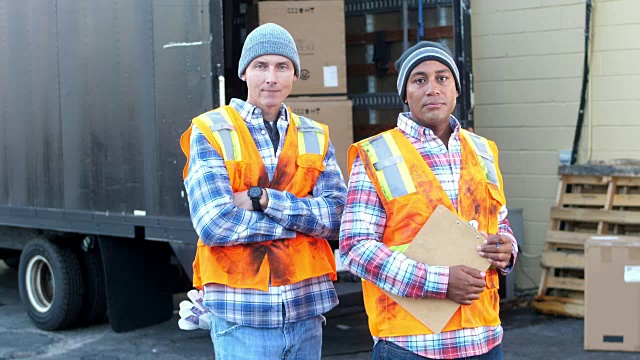 两个工人用卡车运送箱子视频素材