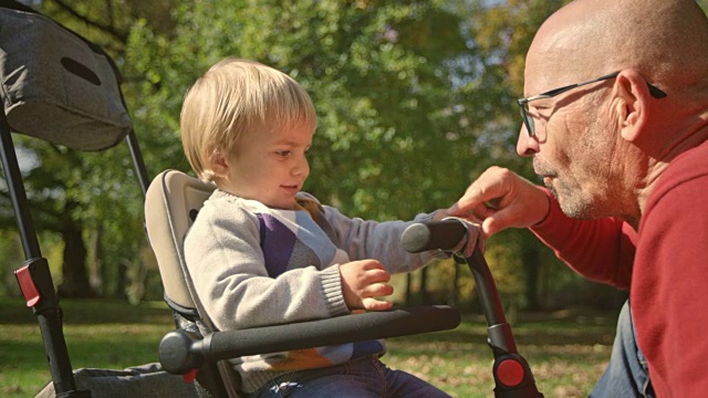 在阳光明媚的公园里，老汉和他笑眯眯的孙子坐在三轮车上玩耍视频素材