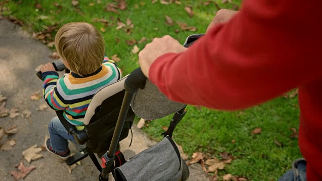 SLO MO Man推着他的儿子在三轮车穿过一个公园的阳光小径视频素材